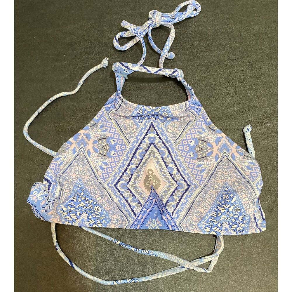 Xhilaration XS Blue and Yellow Diamond Print Halter with Ties Swim Suit Top Only